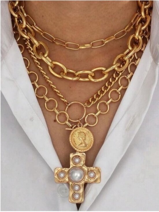 Jewelry - New! Gold Vintage Coin Cross Necklace Stack Set NWOT 1006